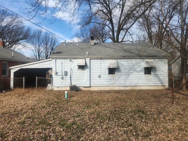 view of property exterior featuring cooling unit, a shingled roof, and fence