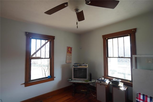 office with dark wood finished floors, a ceiling fan, and baseboards