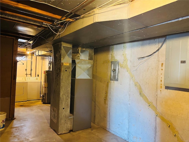 unfinished basement with gas water heater, electric panel, and washer and clothes dryer