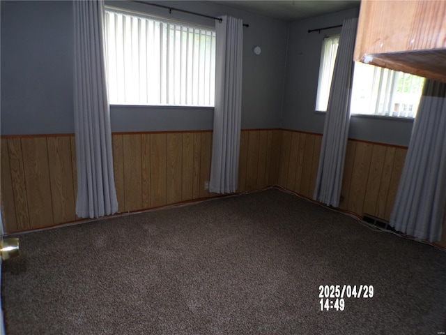 carpeted empty room with wooden walls, wainscoting, and plenty of natural light