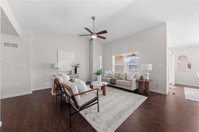 living area featuring wood finished floors, a ceiling fan, visible vents, high vaulted ceiling, and baseboards