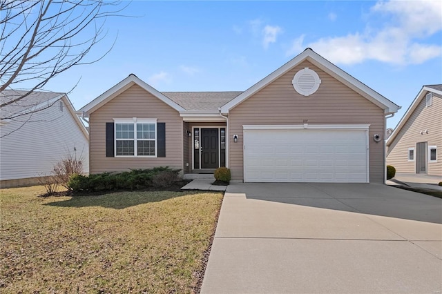 single story home with a front lawn, an attached garage, roof with shingles, and driveway