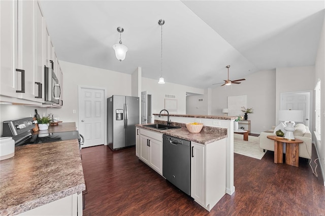 kitchen with a sink, open floor plan, appliances with stainless steel finishes, lofted ceiling, and ceiling fan