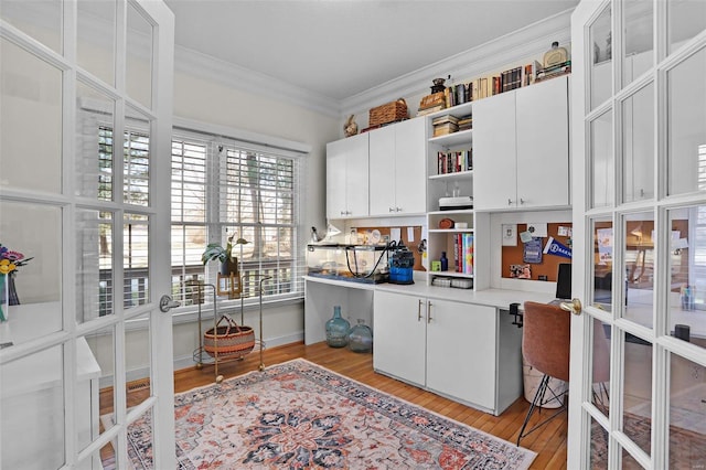 kitchen with open shelves, french doors, light wood-style flooring, and crown molding