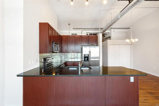 kitchen with wood finished floors, a peninsula, a sink, stainless steel appliances, and backsplash