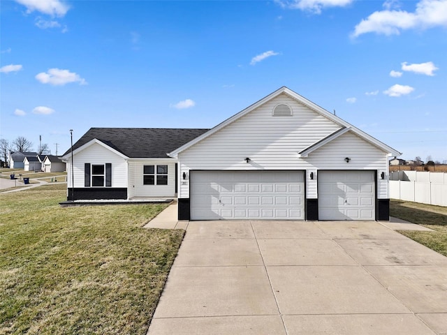 ranch-style home featuring a shingled roof, fence, concrete driveway, a front yard, and an attached garage