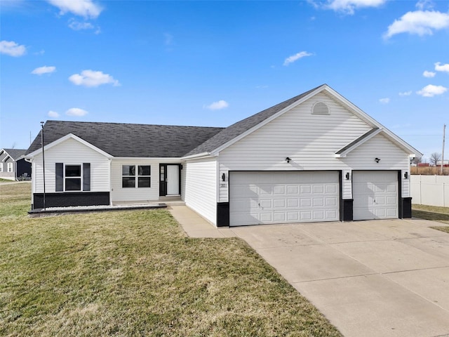 ranch-style home featuring a front yard, an attached garage, concrete driveway, and roof with shingles