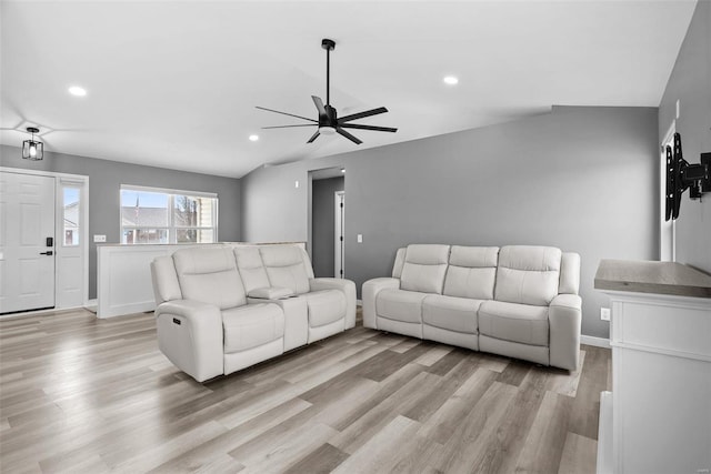 living room with recessed lighting, baseboards, light wood-style floors, and ceiling fan