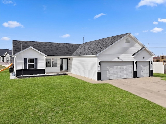 single story home with concrete driveway, a front yard, a garage, and roof with shingles