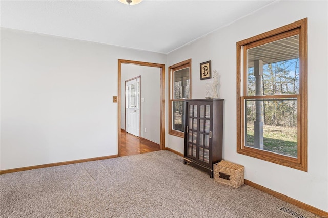 spare room with visible vents, baseboards, and carpet