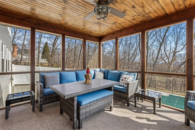 sunroom with a healthy amount of sunlight, wood ceiling, and a ceiling fan