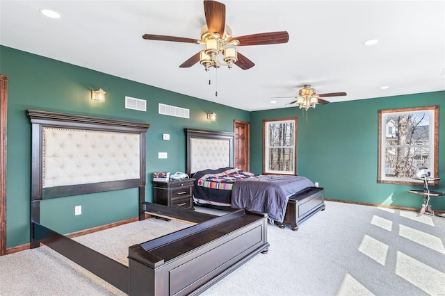 bedroom with recessed lighting, visible vents, and baseboards