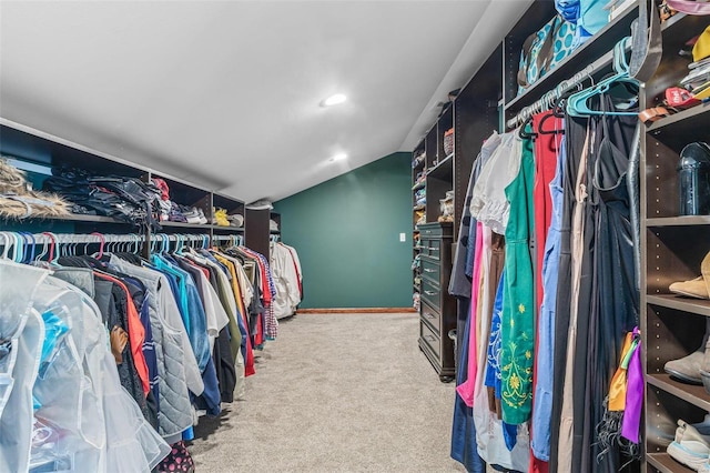 walk in closet featuring lofted ceiling and carpet