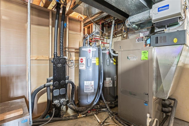 utility room with heating unit and electric water heater