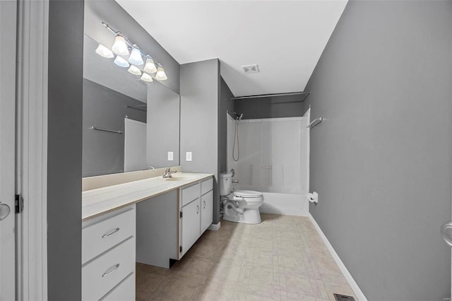 full bathroom with vanity, baseboards, visible vents, shower / washtub combination, and toilet