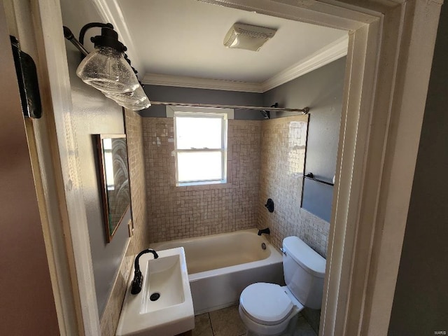 full bathroom with crown molding, toilet, visible vents, and  shower combination