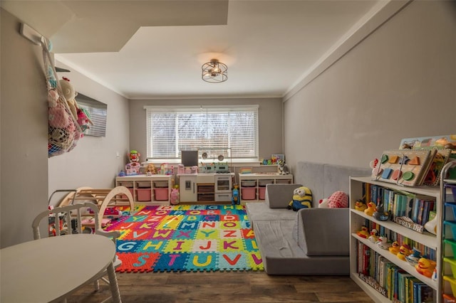 recreation room with wood finished floors and ornamental molding