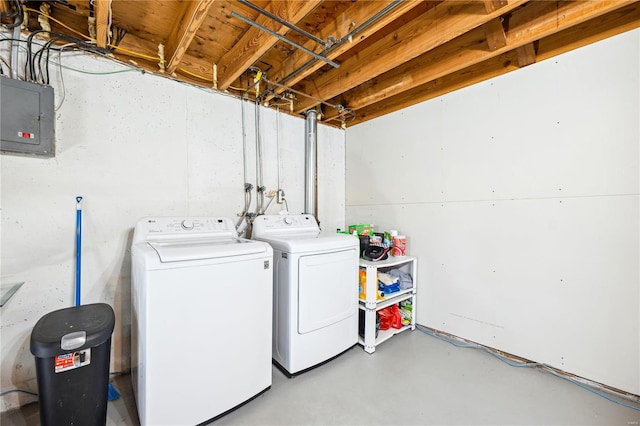 laundry room with electric panel, separate washer and dryer, and laundry area