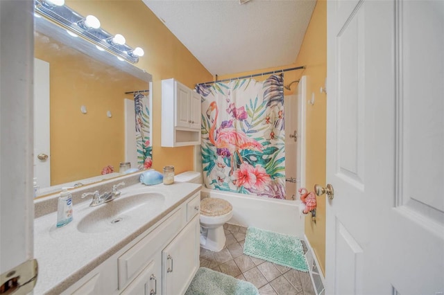 full bath with tile patterned flooring, toilet, vanity, shower / bath combination with curtain, and a textured ceiling