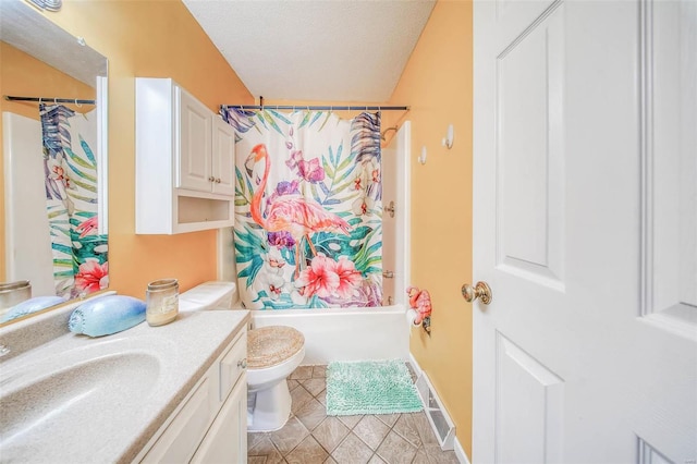 bathroom with tile patterned flooring, toilet, shower / tub combo with curtain, a textured ceiling, and vanity