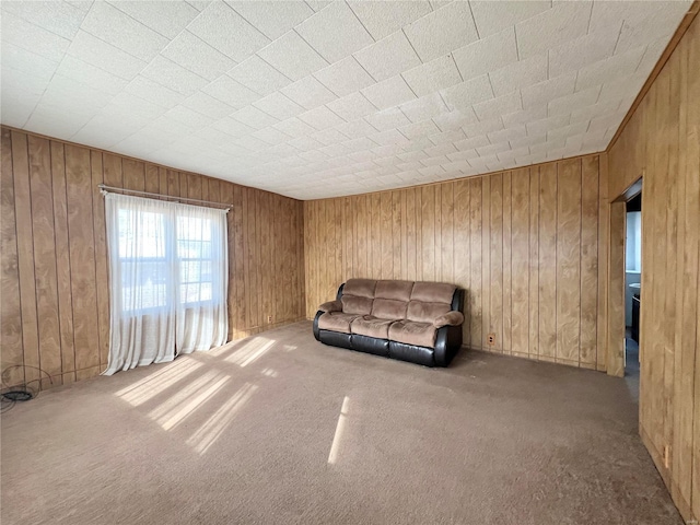 unfurnished room featuring carpet and wood walls