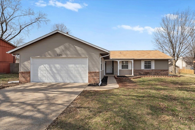 ranch-style home featuring brick siding, an attached garage, concrete driveway, and a front lawn