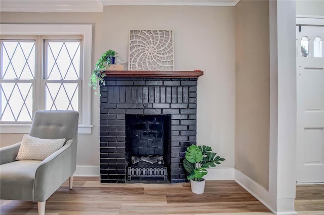 living area featuring a fireplace, baseboards, and wood finished floors