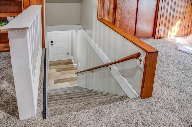 stairway with wood finished floors and carpet flooring