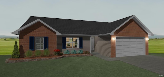 single story home with brick siding, a garage, driveway, and a front yard