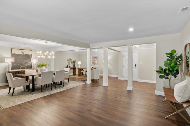 dining room featuring visible vents, dark wood finished floors, recessed lighting, decorative columns, and baseboards