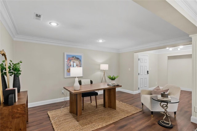 office space with dark wood-style floors, baseboards, visible vents, recessed lighting, and ornamental molding