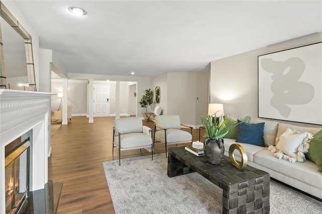 living area with baseboards, wood finished floors, and a glass covered fireplace