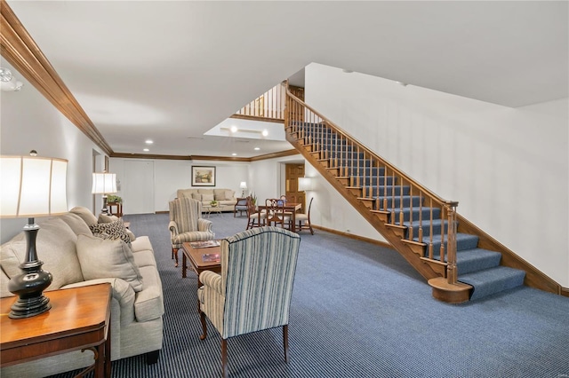 carpeted living room with recessed lighting, stairway, baseboards, and ornamental molding