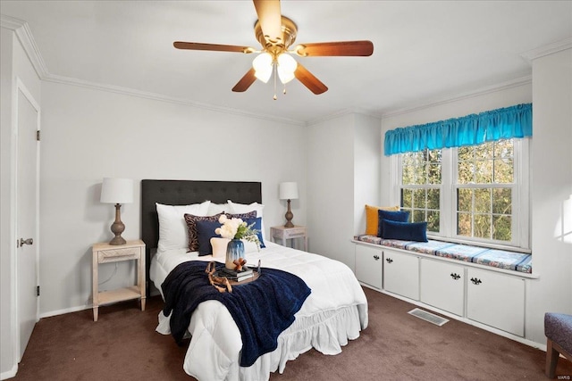 bedroom featuring a ceiling fan, carpet, visible vents, and ornamental molding