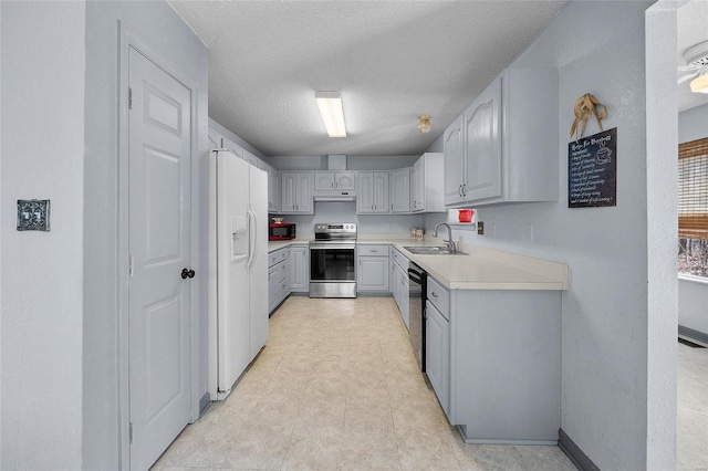 kitchen featuring electric range, gray cabinetry, a sink, black dishwasher, and white fridge with ice dispenser