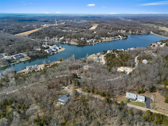 birds eye view of property with a forest view and a water view