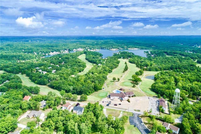 bird's eye view with a wooded view and a water view