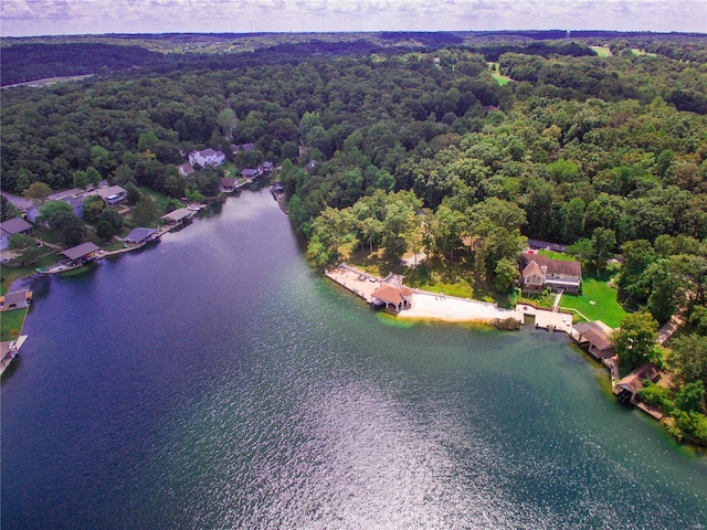 aerial view featuring a wooded view and a water view
