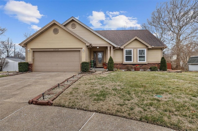 single story home with concrete driveway, a front yard, a shingled roof, a garage, and brick siding