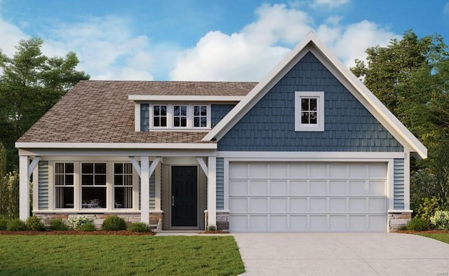 view of front facade featuring stone siding, driveway, and a front lawn