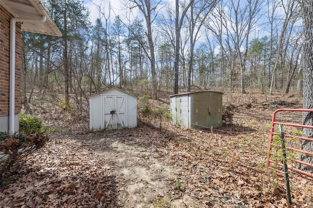 view of yard with a storage unit and an outbuilding