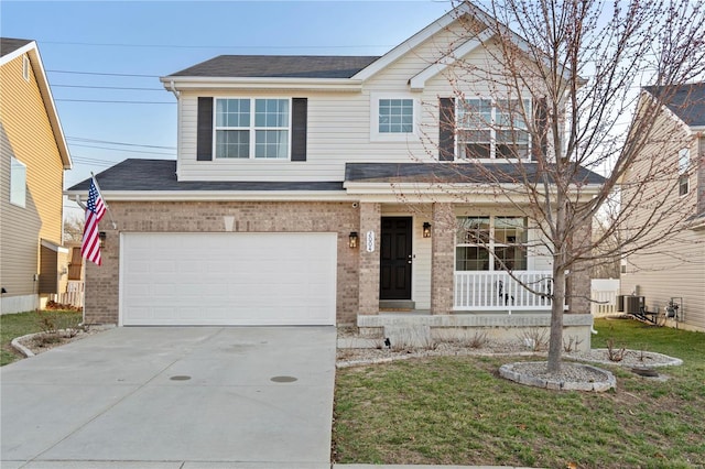 view of front of property with central air condition unit, driveway, covered porch, a garage, and brick siding