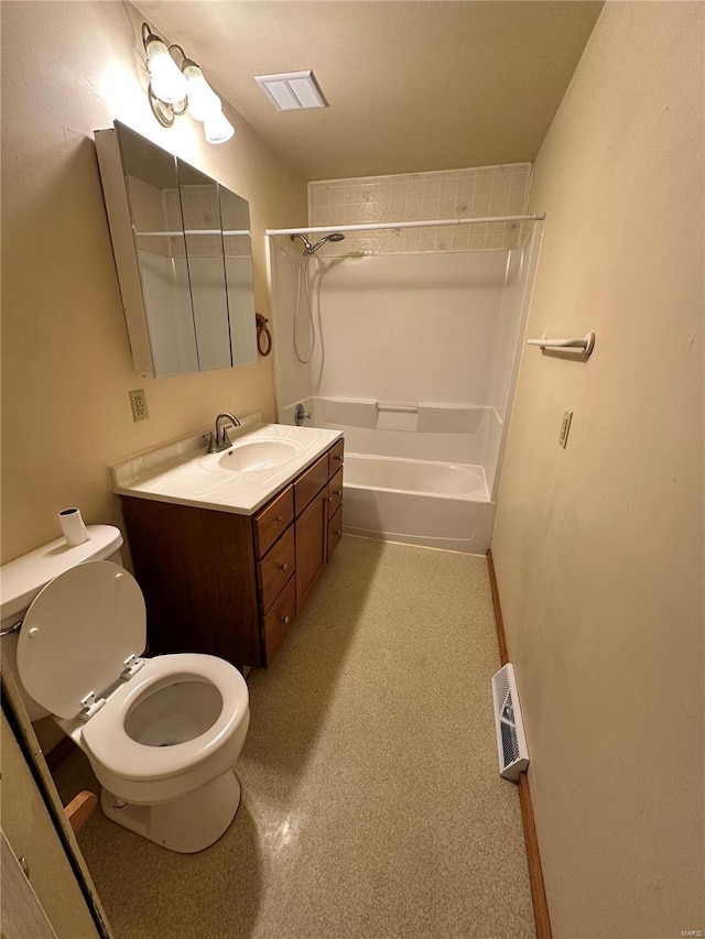 full bath with visible vents, toilet,  shower combination, and vanity