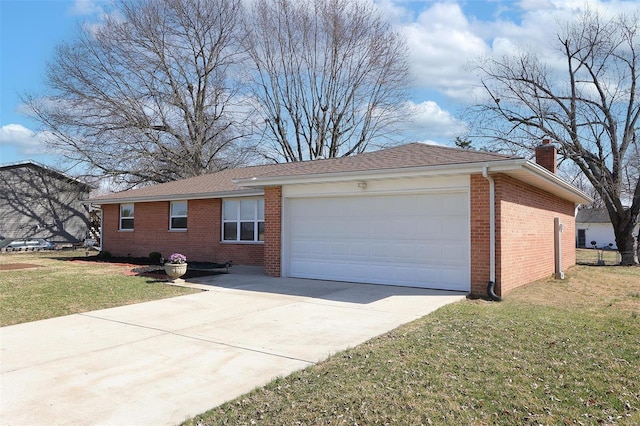 view of front of property with driveway, a front lawn, a garage, brick siding, and a chimney