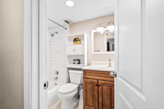 full bathroom with visible vents, shower / washtub combination, toilet, and vanity