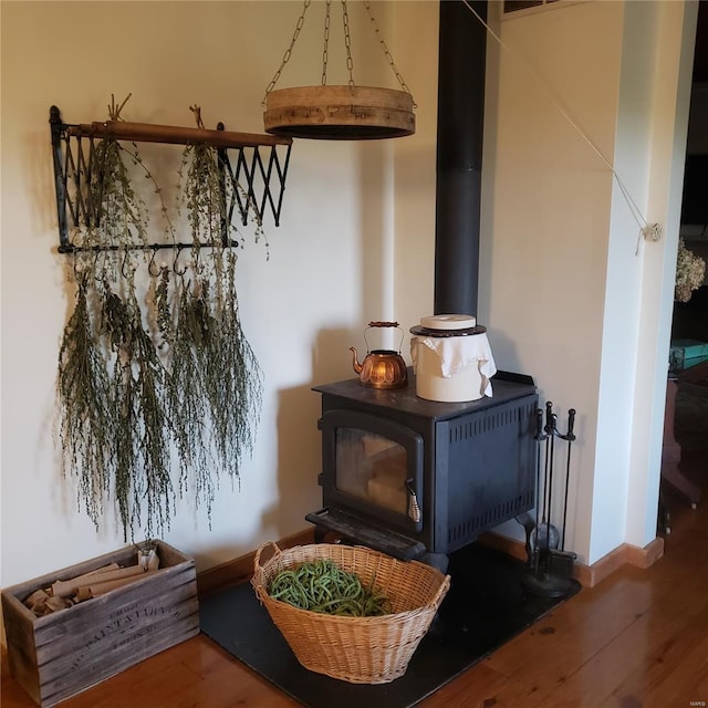 interior details featuring baseboards, wood finished floors, and a wood stove