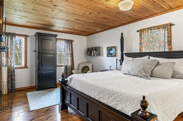 bedroom featuring multiple windows, wood ceiling, dark wood-type flooring, and baseboards