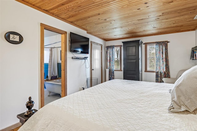 bedroom with ornamental molding and wood ceiling