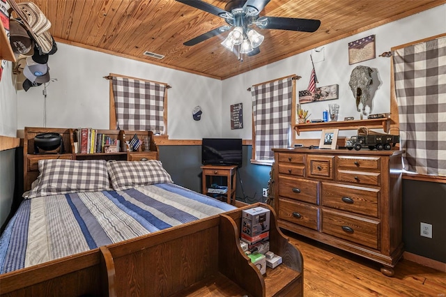 bedroom featuring visible vents, wood finished floors, wooden ceiling, and a ceiling fan