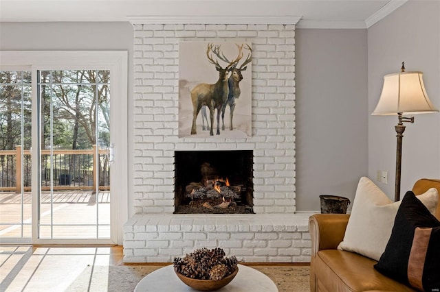 living area with wood finished floors, ornamental molding, and a fireplace